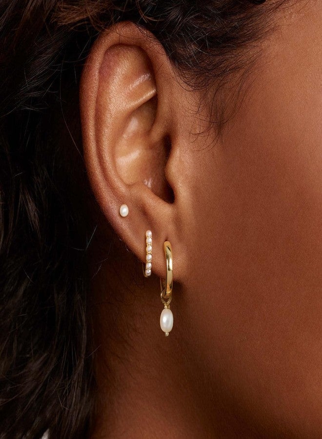 OOOPEL 3 Pairs Pearl Hoop Earrings Set for Women 14K Gold Plated Pearl Earring Set CZ Small Gold Huggie Earrings for Women Trendy Jewelry Gifts - Image 2